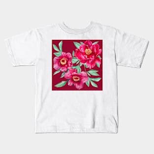 Bright peonies on bordo Kids T-Shirt